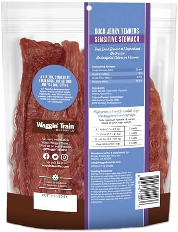Waggin' Train Duck Jerky Dog Treats for Dogs with Sensitive Stomachs, Made with 100% Real Duck Breasts, Three All-Natural Ingredients, High Protein Dog Treat, Easily Digestible for Dogs, 12 oz. Pouch