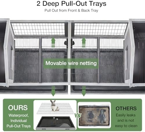 Rabbit Hutch Indoor Outdoor, Large Bunny Cage with Double House and Run, 10.4 ft² Guinea Pig House, Upgrade Deeper No-Leak Trays, On Wheels for Easy Moving