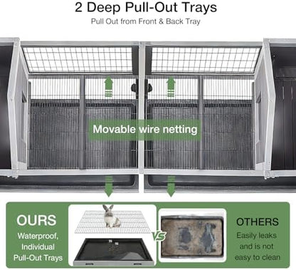 Rabbit Hutch Indoor Outdoor, Large Bunny Cage with Double House and Run, 10.4 ft² Guinea Pig House, Upgrade Deeper No-Leak Trays, On Wheels for Easy Moving