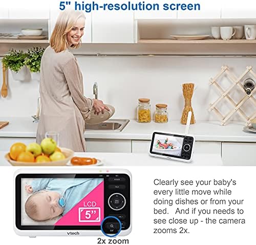 VTech Baby Monitor with 2 Cameras No WiFi & 5" Screen – Split-Screen, Patrol Mode, Night Vision, Two-Way Talk, Temperature Sensor, Lullabies, 1000ft Range | VM350-2