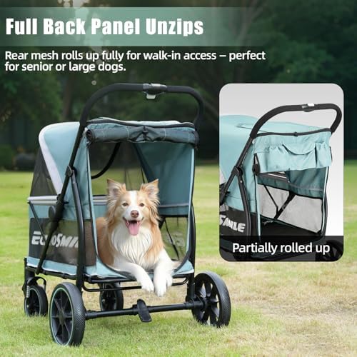 EchoSmile Dog Stroller for Large Dogs, 135lbs Weight Extra Large Pet Stroller, 4 Wheels Cats & Dogs Carrier with Brakes, Breathable Mesh Windows & Pocket, Green