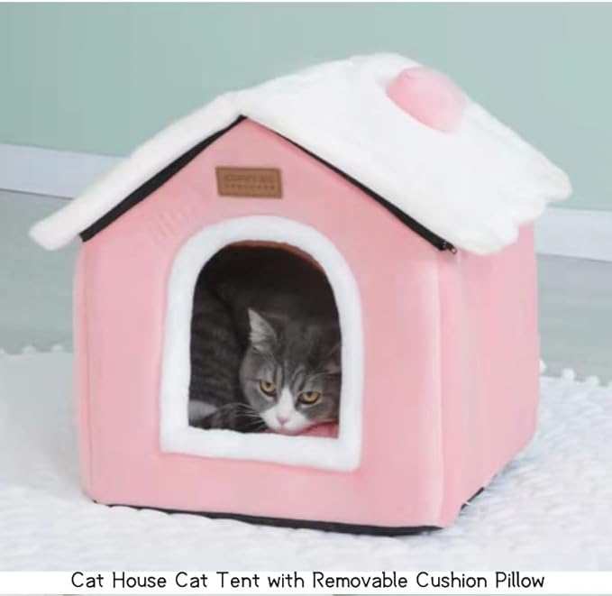 Cat Bed Cave, Cute Christmas Cat Beds for Indoor Cats, Xmas Pet House Cats Tent with Removable Cushion Pillow for Kittens Puppy Small Dogs (Pink-S(15.7x12.6x13.7in)