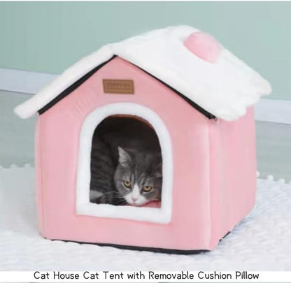 Cat Bed Cave, Cute Christmas Cat Beds for Indoor Cats, Xmas Pet House Cats Tent with Removable Cushion Pillow for Kittens Puppy Small Dogs (Pink-S(15.7x12.6x13.7in)