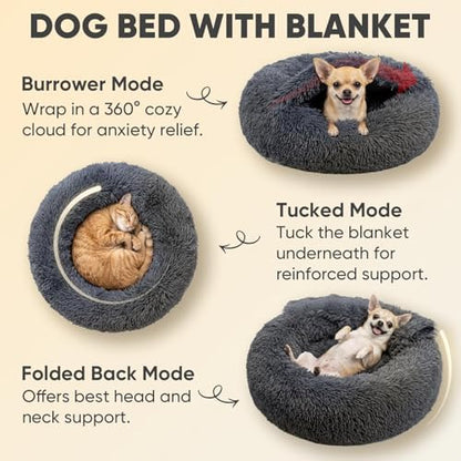 Himax Dog Beds for Small Dogs, Donut Dogs Beds with Blanket Attached, Calming Dog Bed Washable (20"/26"/35") Grey
