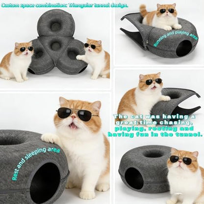 4-in-1 Large Cat Tunnel Bed for Multiple Large Cats, Scratch Resistant Donut & Detachable & Washable Donut Cat Bed,Up to 45 Lbs (L 40x40x11,Charcoal Gray),Bonus Pet Hair Remover Included