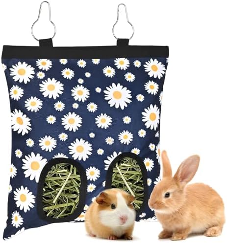 Upgraded Rabbits Hay Feeder Bag for Bunny, Guinea Pigs, Chinchillas - Hanging Washable 2-Hole Hay Dispenser with 600D Oxford Fabric, Small Animal Cage Accessories (Blue Daisy)