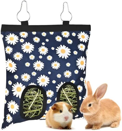 Upgraded Rabbits Hay Feeder Bag for Bunny, Guinea Pigs, Chinchillas - Hanging Washable 2-Hole Hay Dispenser with 600D Oxford Fabric, Small Animal Cage Accessories (Blue Daisy)