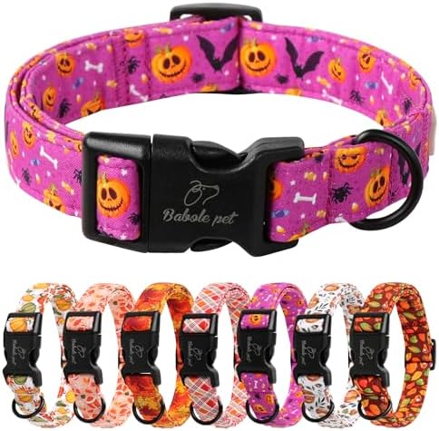 Halloween Dog Collar, Purple Pumpkin Bat Print Puppy Collar L