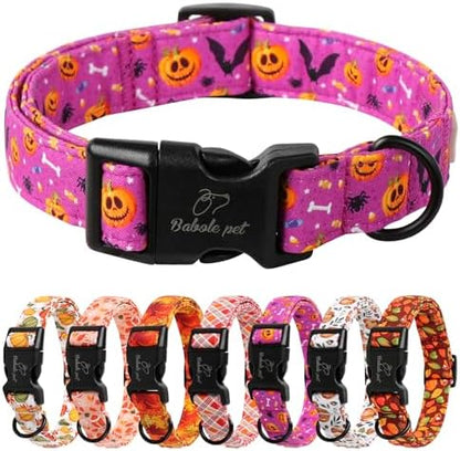 Halloween Dog Collar, Purple Pumpkin Bat Print Puppy Collar L