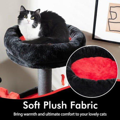 PETSITE 49 inch Gothic Cat Tree, Multi-Level Halloween Goth Cat Tree Tower with Coffin Bed, Scratching Posts, 2 Condos, Cozy Top Perch, Bat-Shaped Teasing Balls, Black