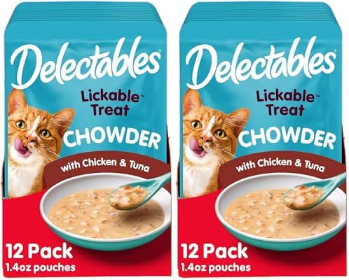Delectables Lickable Treat Chowder Wet Cat Treat with Real Tuna & Chicken, Food Topper, Hydrating, Grain-Free, No Fillers, By-Products, Added Preservatives, 1.4oz Pouch, 12ct (Pack of 2)