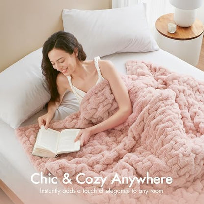 Madison Park Ruched Fur Throw Faux Fur Blanket for Sofa, 50" x 60", Blush