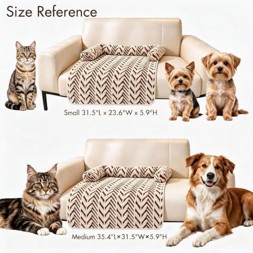 Calming Dog Couch Bed Mats with Neck and Head Support, Fluffy Plush Pet Sofa Cover for Small Medium Dogs and Cats, Non-Slip Bottom, Machine Washable
