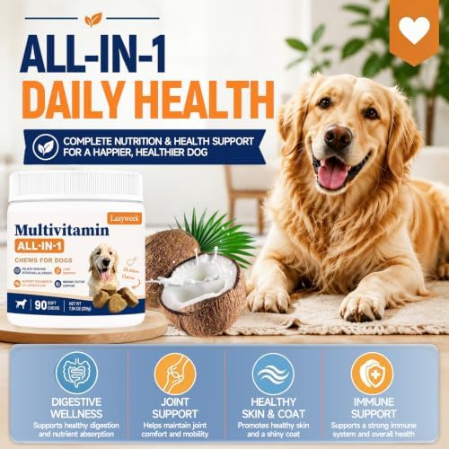All-in-1 Dog Multivitamin Chewable Supplements & Vitamins with Glucosamine, Probiotics, Omega-3 for Itchy Skin, Hip Joint, Gut, Immune Support,Puppy & Senior – 90 Chews