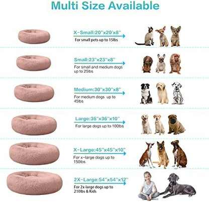 SAVFOX 20 inches Calming Donut Dog Bed - 3X Durable Plush Faux Fur, Machine Washable & Non-Slip, Fits up to 15 lbs, Pink