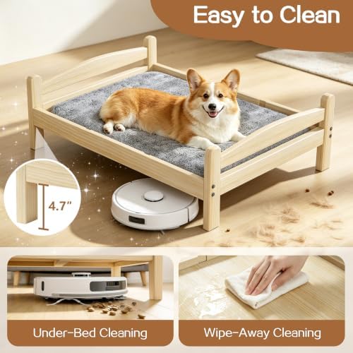 Elevated Dog Bed with Mat for Medium Dogs,Solid Wood,Spine-Friendly Design
