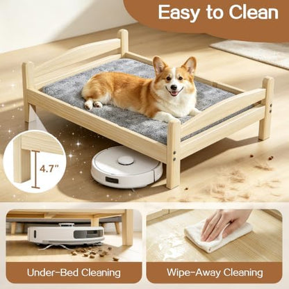 Elevated Dog Bed with Mat for Medium Dogs,Solid Wood,Spine-Friendly Design