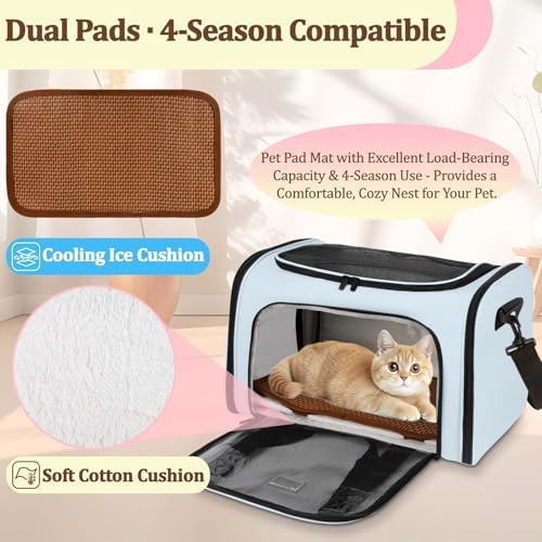 Cat Carrier - Cat Carrier Soft with Plush Pad & Cooling Mat, Easy-Load 4-Side Zipper & 3-Side Mesh Ventilation, Pet Carrier Airline Approved for Cats/Dogs Up to 16 lbs, Blue