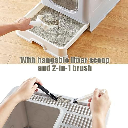 Gefryco Litter Box with Lid for Small to Medium Cats, Enclosed Cat Litter Box with Cover，High Sided Top Entry Cat Box with Brush and Scoop, Cute Kitty Litter Pan with Drawer for Growing Kittens(Grey)
