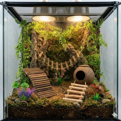 Crested Gecko Tank Accessories, Reptile Bridge and Plants with Coconut Shell Ladder Hideout, Natural Terrarium Decor for Lizard, Chameleon, Leopard Gecko, Snake, Hermit Crab and Tortoise (Group B)
