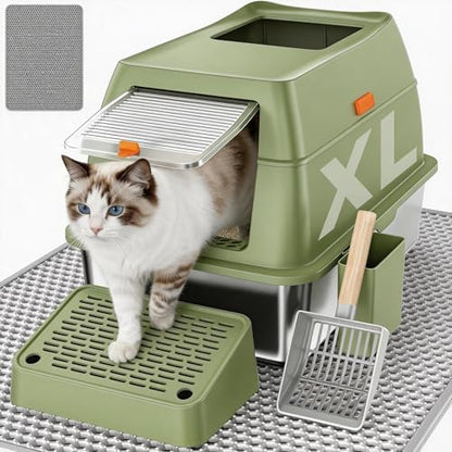Extra Large Enclosed Stainless Steel Litter Box with lid，Front Entry Top Exit High Sided Metal cat Litter Pan，Non-Stick Easy Cleaning Anti-Urine Leakage for Big Cats，Includes Mat, Scoop & Step, Green
