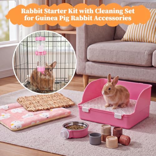 34 Pcs Rabbit Starter Kit Rabbit Litter Box Small Animal Water Bottle Cups Bunny Tunnels Animal Grooming Kit Bowl Blanket with Cleaning Set for Guinea Pig Bunny(Style 3,Sakura Pink)