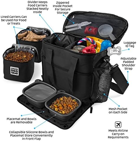 Mobile Dog Gear, Week Away Dog Travel Bag for Medium and Large Dogs, Includes Lined Food Carriers and 2 Collapsible Dog Bowl, Black