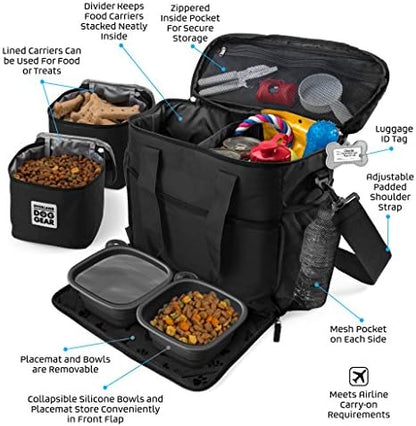 Mobile Dog Gear, Week Away Dog Travel Bag for Medium and Large Dogs, Includes Lined Food Carriers and 2 Collapsible Dog Bowl, Black
