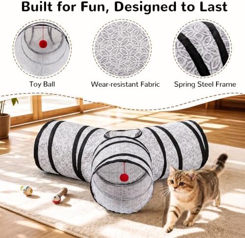 Tempcore Cat Tunnel, 3-Way Collapsible Toy for Indoor Cats, Grey Coin