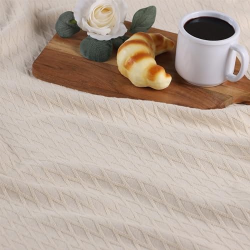 Superior Diamond Weave All-Season Cotton Blanket, Cover for Home, Couch, Bed, Soft, Warm Blankets, Boho Aesthetic, Comfy, Cozy, and Cute Covers, Decorative Bedding Essentials, Full/Queen, Ivory