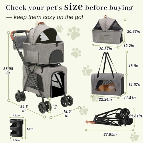 Double Pet Stroller with Detachable Carriers, Dog Stroller for Medium Dogs 20 lb, Foldable Dog Stroller for 2 Dogs,Easy Assembly Cat Stroller for 2 Cats with Cup Holder and Storage Bag for All-Terrain