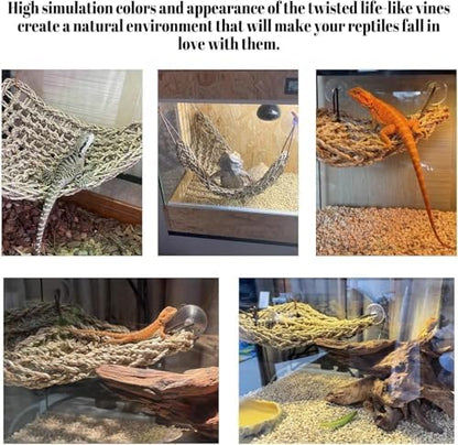 PINVNBY Bearded Dragon Hammock, Bearded Dragon Tank Accessories, Jungle Climber Vines Flexible Reptile Terrarium Leaves with Suction Cups Habitat Decor for Chameleon, Lizards, Gecko, Snakes（3 PCS）