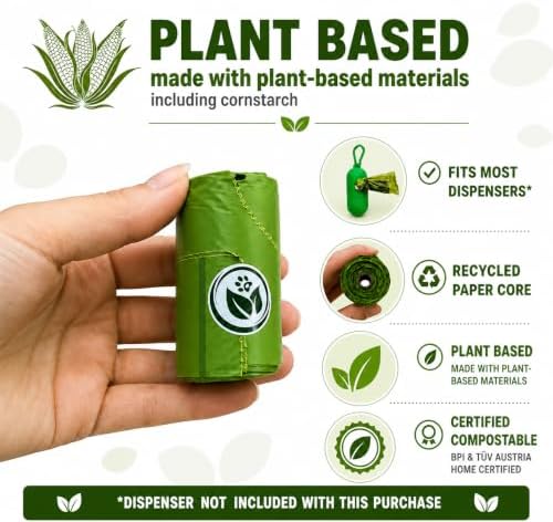 Certified Compostable Handle-Tie Dog Waste Bags (240 Bags), 16 Refill Rolls, Plant-Based Cornstarch, ASTM D6400 & EN 13432, TÜV OK Compost HOME Certified