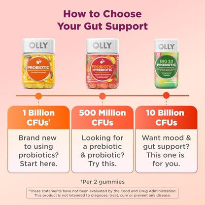 OLLY Probiotic + Prebiotic Gummy, 500 million CFUs, Peachy Peach - 60 Count