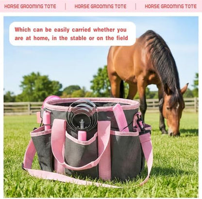 Abbylike 12 Piece Horse Grooming Kit with Organizer Tote Bag Brush Sets for Derby Day Show Horses Professional Tools for Care & Massage(Grey and Pink)