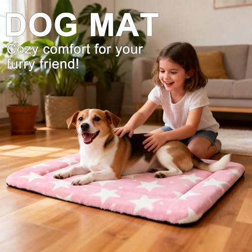 Dog Bed Mat – Soft & Comfortable Dog Kennel Pad for Crate – Durable Crate Bed & Mat for Dogs & Cats – Ideal for Crate, Kennel, and Home Use (Big&Little Stars Pink, M(30"*20"*1.5"))