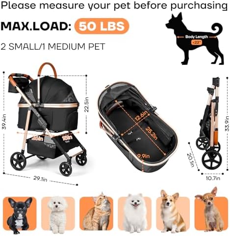 Dog Cat Stroller for Small/Medium Pets, 50 lbs, 3-in-1 Pet Stroller, Black