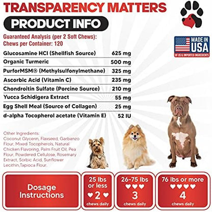 Glucosamine for Dogs Hip and Joint Supplement - Arthritis Support 120 Chews
