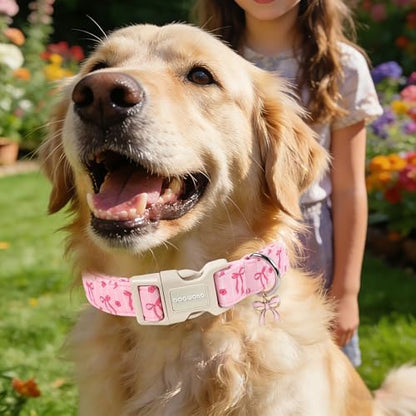 DOGWONG Pink Dog Collar, Spring Summer Cute Girl Dog Collar, Floral Girl Female Dogs Collars for Medium Lrage Dogs, Neck 15.3-23.6 inches