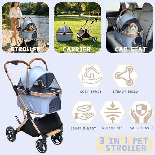Chihuahua 3-in-1 Foldable Pet Stroller 4-Wheel for Small Dogs, Cerulean