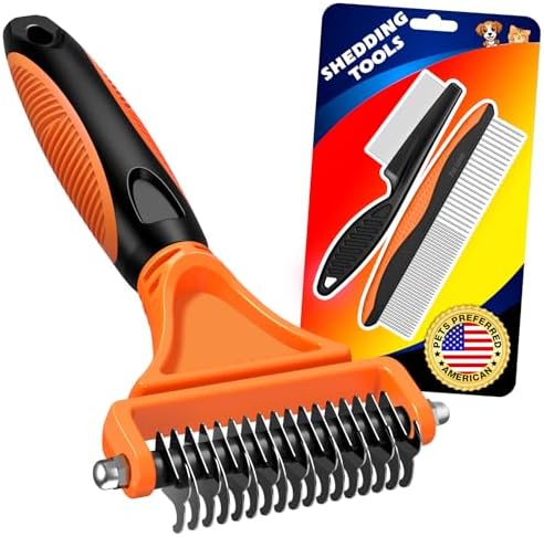 3PCS Pet Grooming Rake & Metal Comb & Flea Comb for Cats and Dogs, Double-Sided Dematting Tool, Extra-Wide Deshedding Dog Brush for Long Hair to Effectively Remove Tangles, Knots and Mats (Orange)