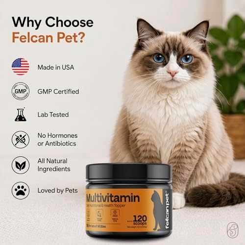 Daily Cat Food Topper – Cat Multivitamin Powder with 17 Active Nutrients, Taurine, Omega 3 & Glucosamine – Mixes Easily into Wet or Dry Food – Supports Energy & Vitality – 120 Scoops