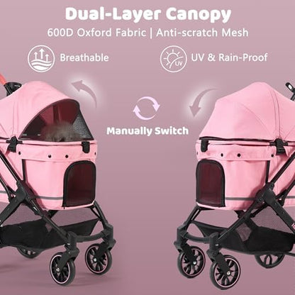 All-Terrain Dog Stroller for Small to Medium Dogs, Pet Stroller for Dogs & Cats Outdoor Walks, One-Hand Easy Fold, Double-Layer Anti-UV & Waterproof Canopy & Breathable Mesh, Sakura Pink