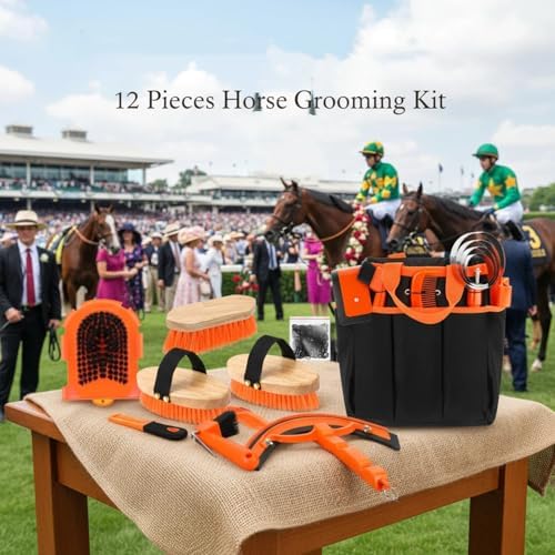 Abbylike 12 Piece Horse Grooming Kit with Organizer Tote Bag Brush Sets for Derby Day Show Horses Professional Tools for Care & Massage(Orange)