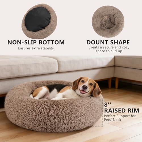 MIXJOY Orthopedic Dog Bed Comfortable Donut Cuddler Round Pet Beds Ultra Soft Washable Dog and Cat Cushion Bed (20''/23''/30'') (30'', Brown)