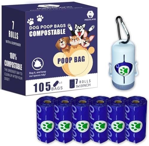 Compostable Dog Poop Bags BPI Certified Biodegradable Pet Waste Bags Leak-Proof Thickened and Opaque Eco Design (7 rolls & a dispenser)