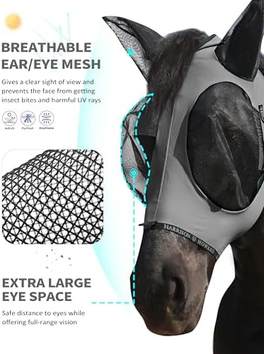 Harrison Howard Horse Fly Mask with Forelock Opening Stretch Breathable and Comfortable for Horses UV -Protection Grey M