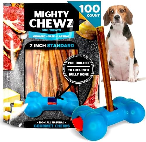 7" Standard Bully Sticks (100 Pack) with Bully Stick Safety Device - No Choking/All Natural Pizzle Sticks and Bully Stick Holder