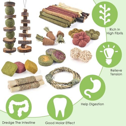 ERKOON 70PCS Rabbit Chew Toys, Natural Timothy Grass Cakes Guinea Pig Toys, Small Animal Teeth Grinding Treats for Bunny Hamster Chinchilla, Safe Dental Care Snacks
