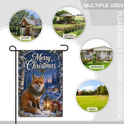 Merry Christmas Garden Flag 12x18 Inch Red Fox Pine Wreath Lantern Gift Snowy Birch Forest Rustic Winter Outdoor Yard Lawn Front Porch Welcome Double Sided Banner Decor